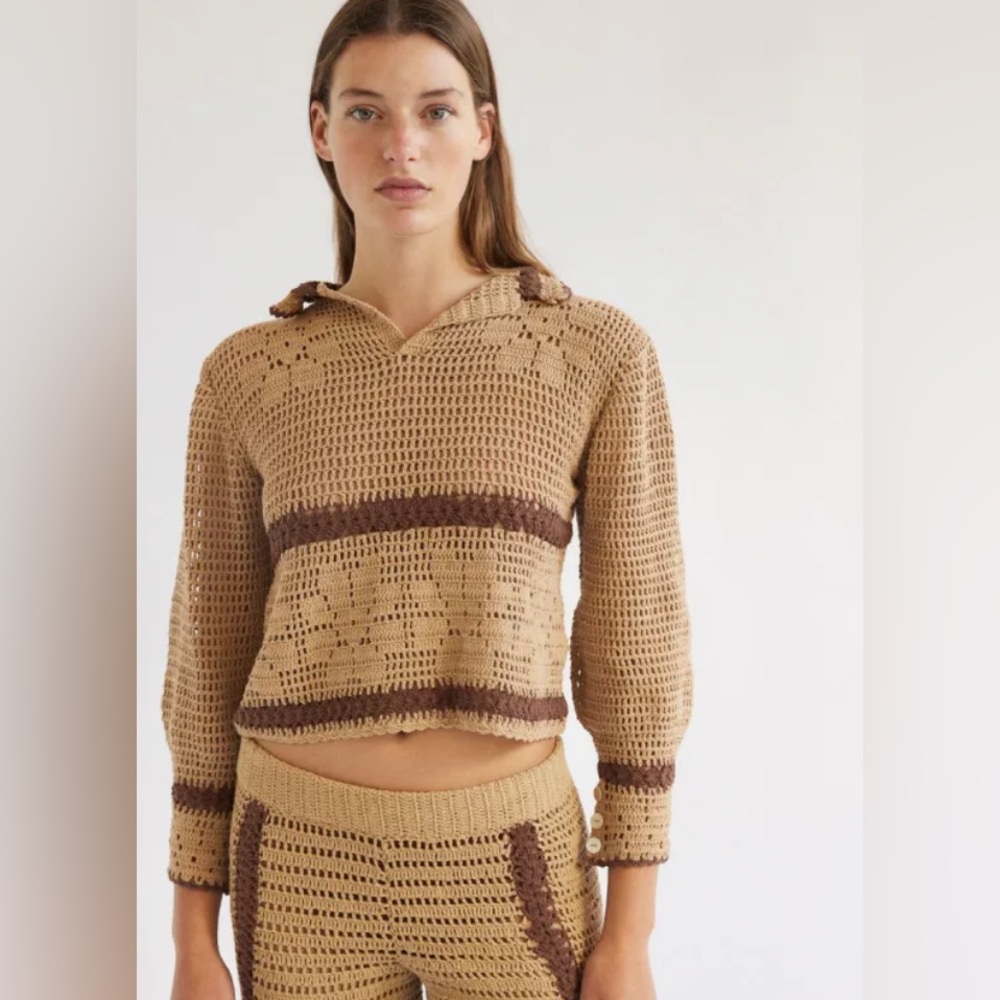 SHE MADE ME Crochet V-Neck Sweater in Tan and Brown